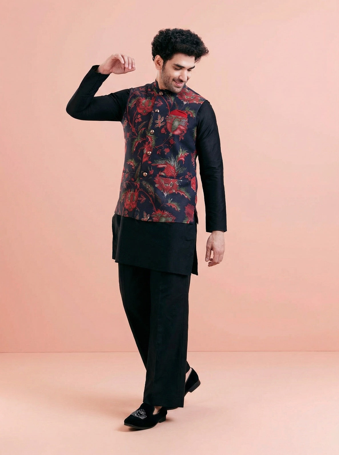 Black Cotton Blend Printed Mid Kurta Jacket Wide Leg Trouser Set