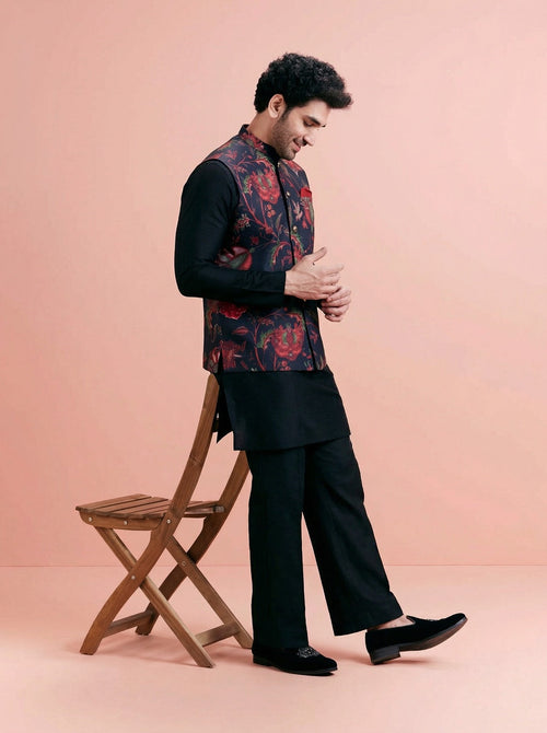Black Cotton Blend Printed Mid Kurta Jacket Wide Leg Trouser Set