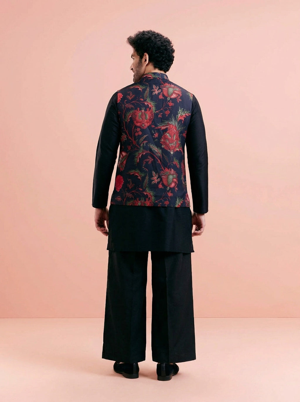 Black Cotton Blend Printed Mid Kurta Jacket Wide Leg Trouser Set