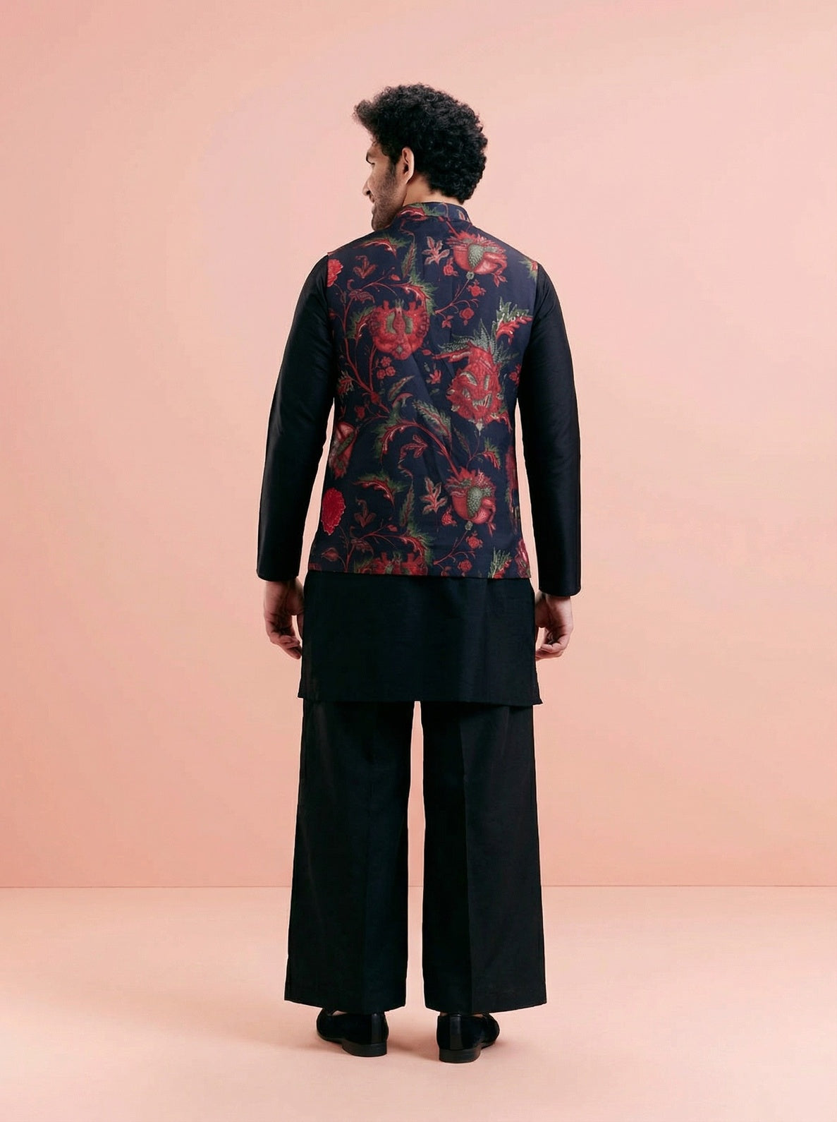 Black Cotton Blend Printed Mid Kurta Jacket Wide Leg Trouser Set