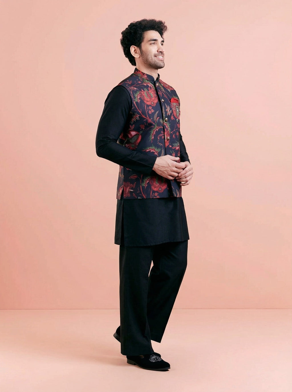 Black Cotton Blend Printed Mid Kurta Jacket Wide Leg Trouser Set