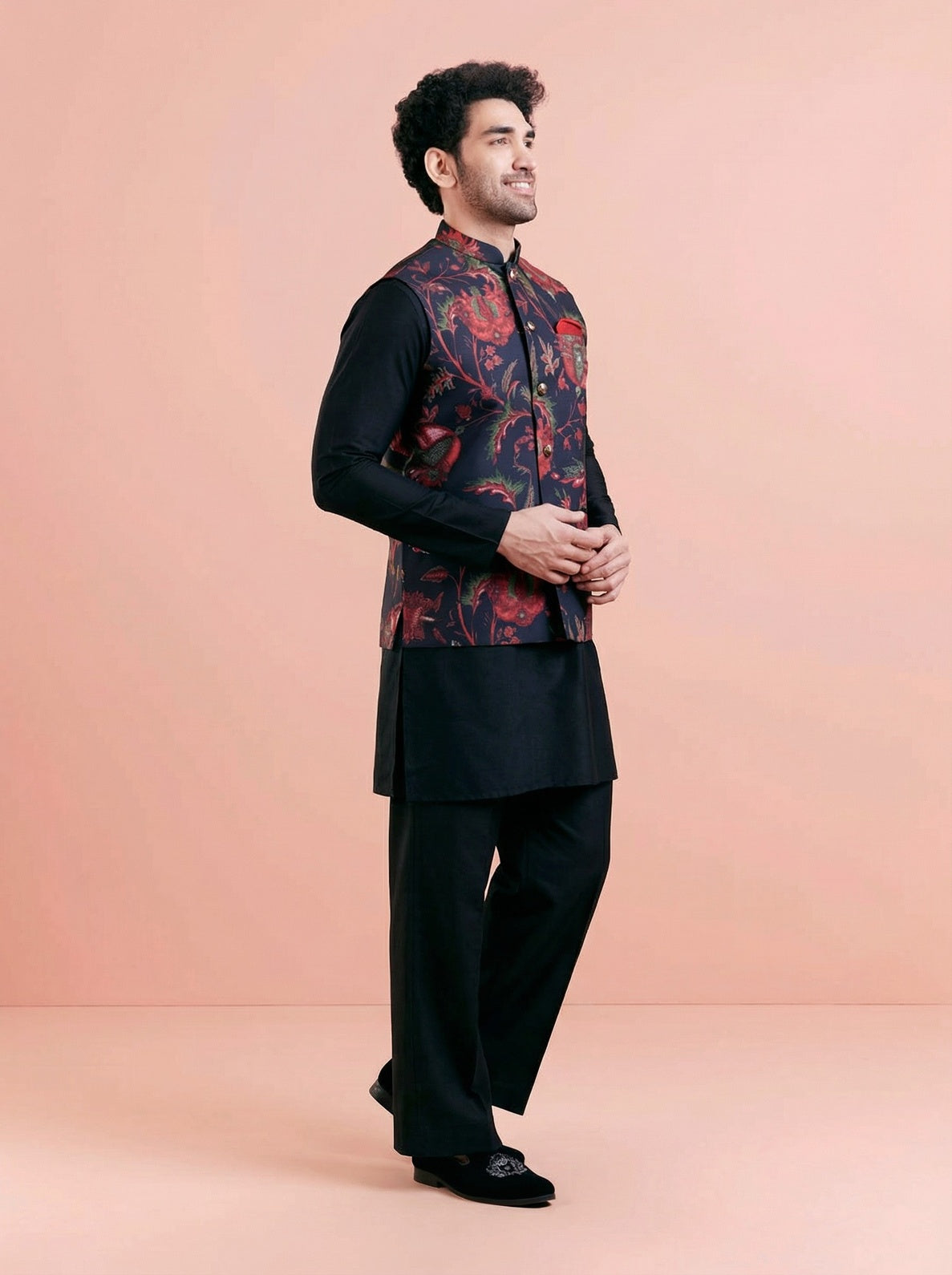 Black Cotton Blend Printed Mid Kurta Jacket Wide Leg Trouser Set