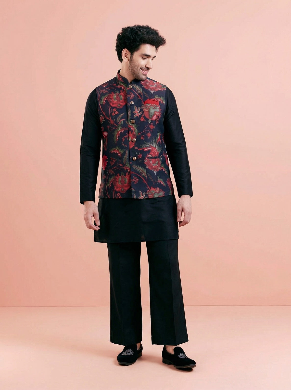 Black Cotton Blend Printed Mid Kurta Jacket Wide Leg Trouser Set
