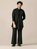Black Silk Blend Jacquard Mid Kurta Front Open Jacket Wide Leg Trouser Set