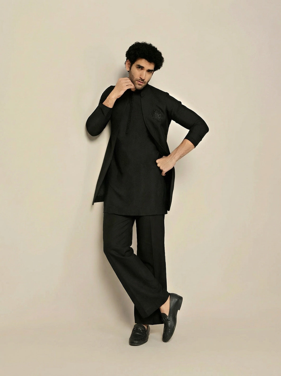 Black Silk Blend Jacquard Mid Kurta Front Open Jacket Wide Leg Trouser Set