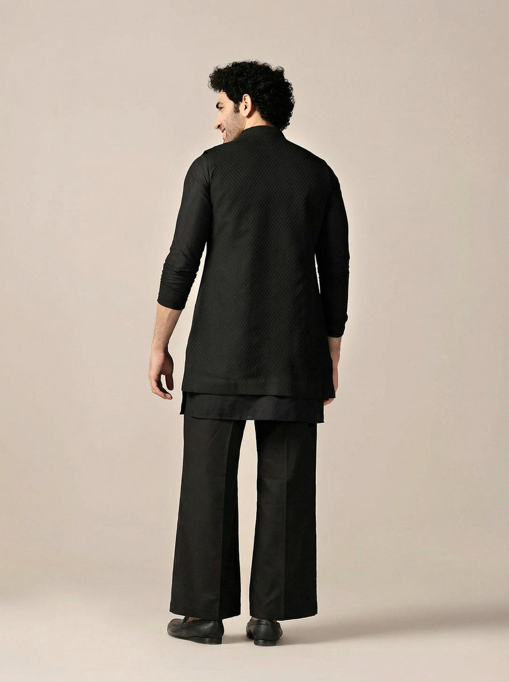 Black Silk Blend Jacquard Mid Kurta Front Open Jacket Wide Leg Trouser Set