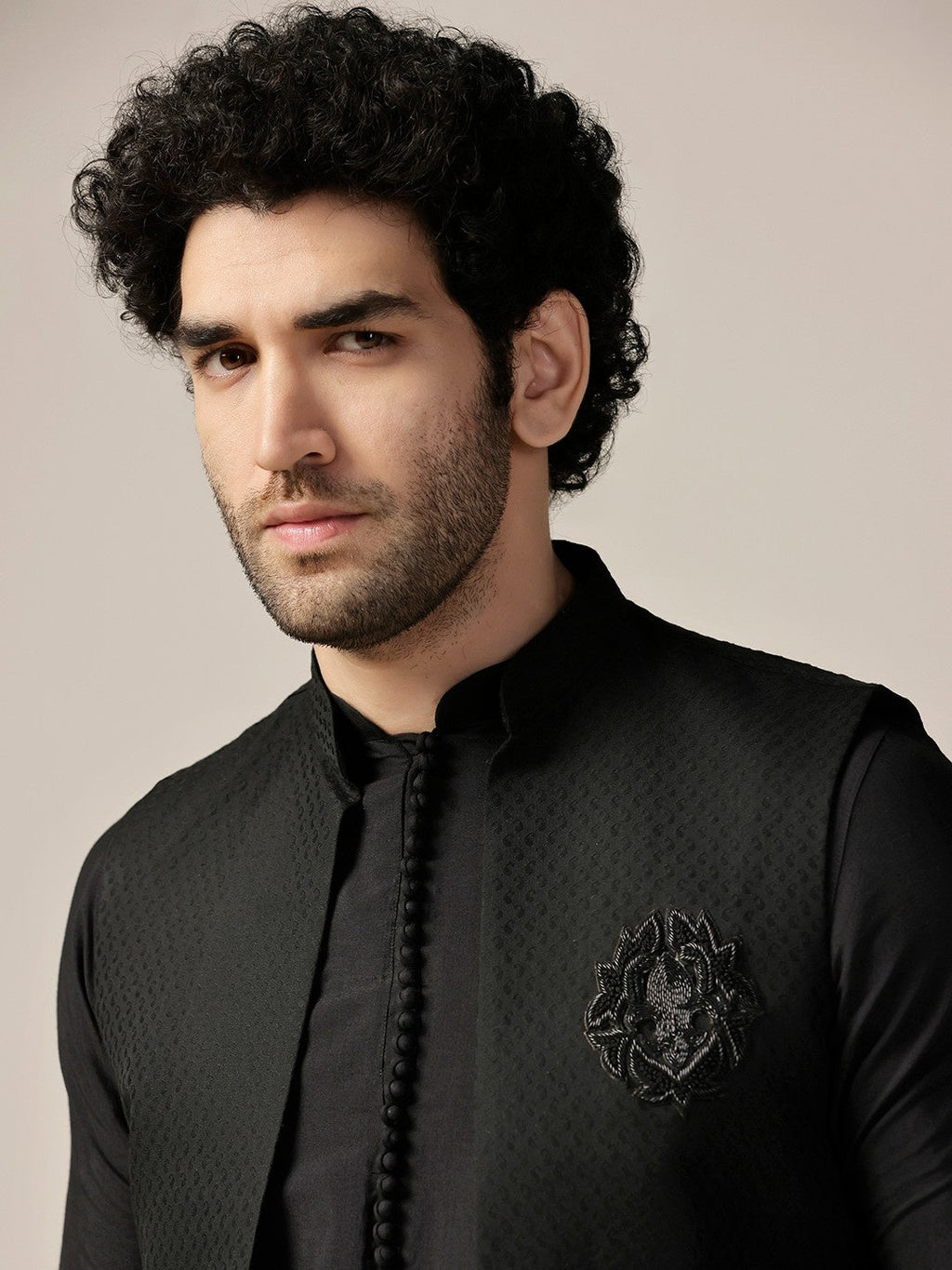 Black Silk Blend Jacquard Mid Kurta Front Open Jacket Wide Leg Trouser Set