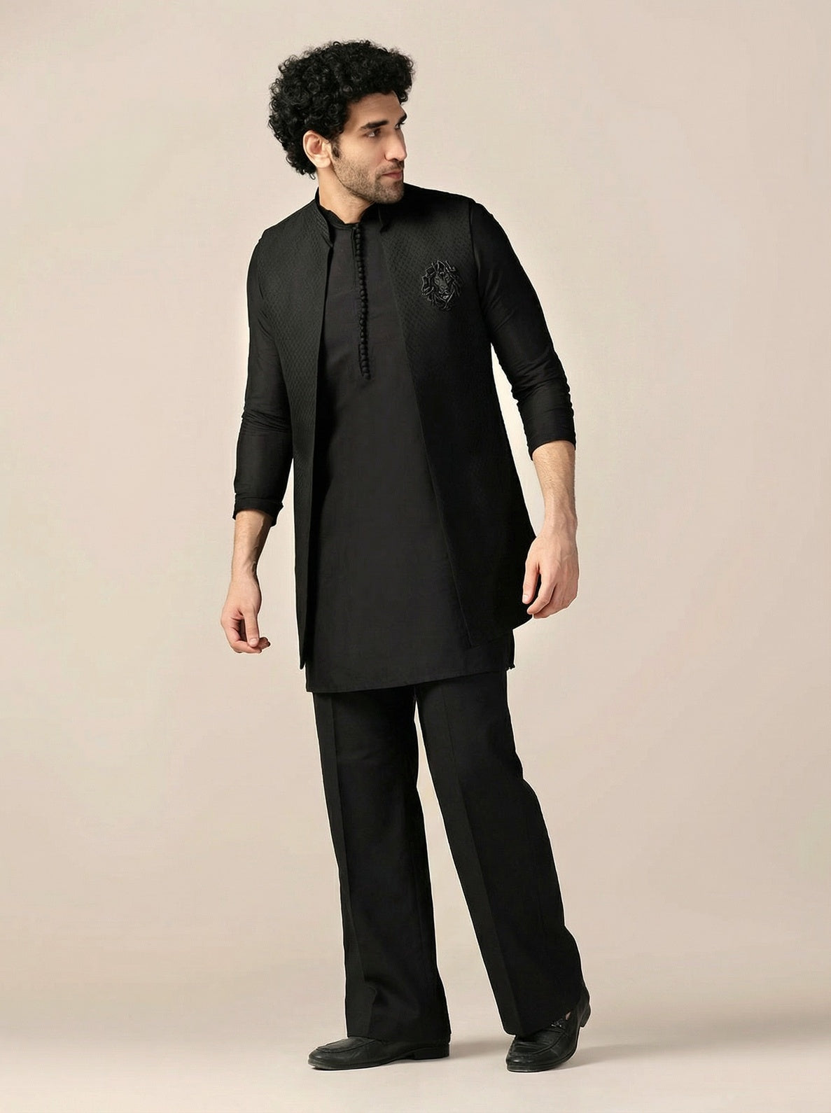 Black Silk Blend Jacquard Mid Kurta Front Open Jacket Wide Leg Trouser Set
