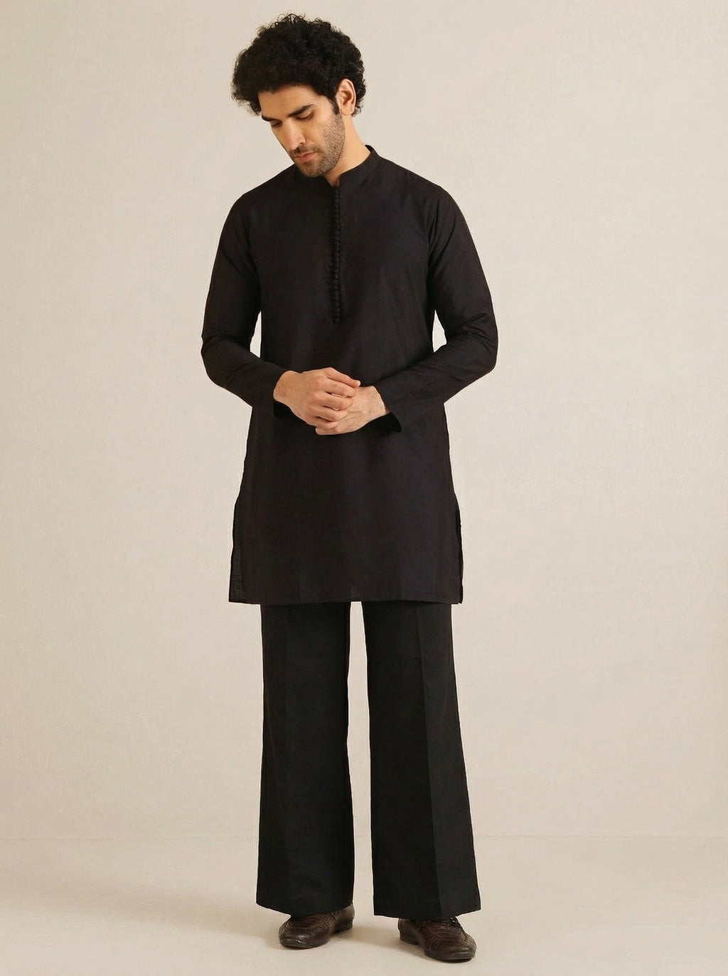 Black Silk Blend Jacquard Mid Kurta Front Open Jacket Wide Leg Trouser Set