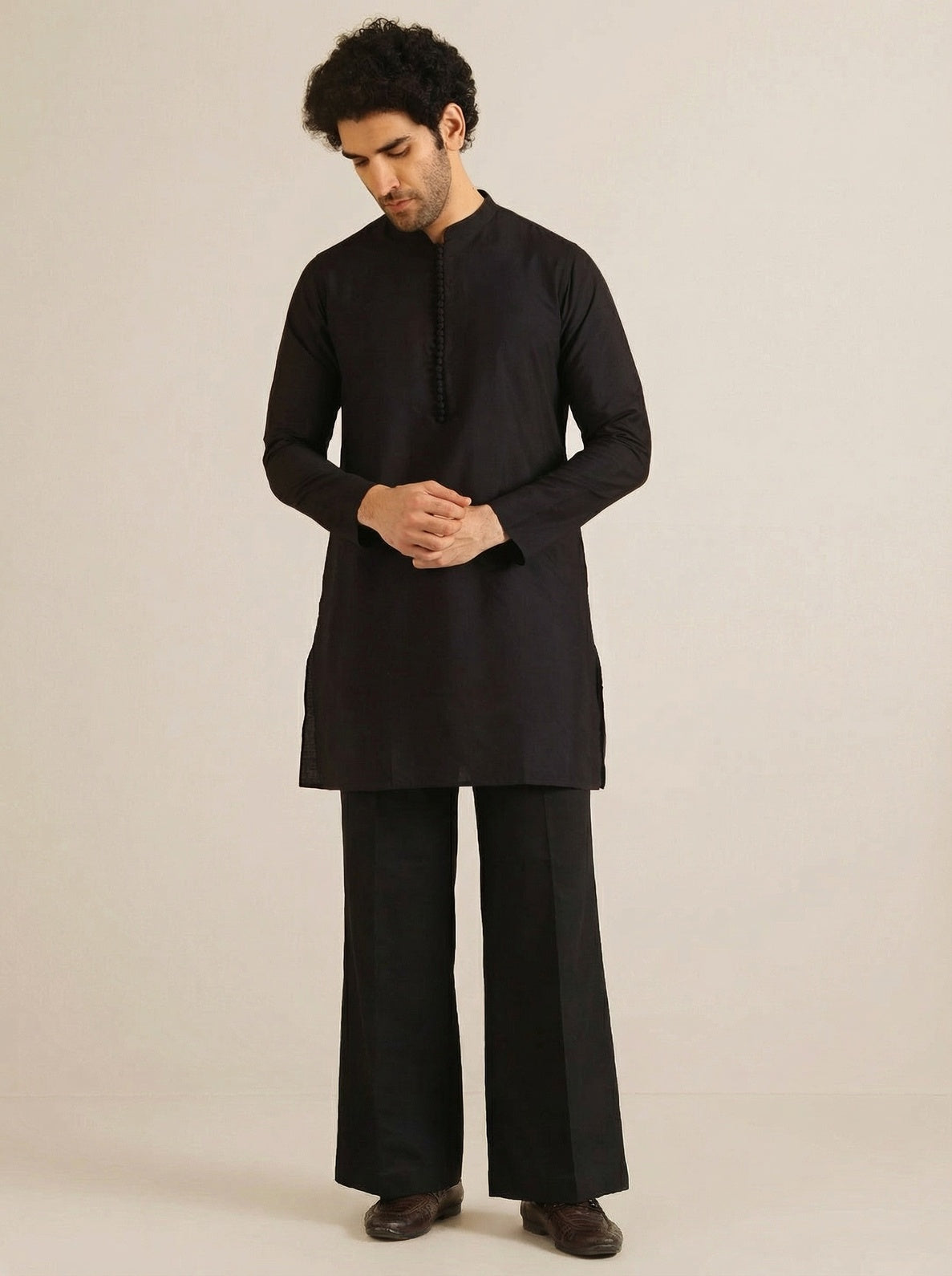 Black Silk Blend Jacquard Mid Kurta Front Open Jacket Wide Leg Trouser Set