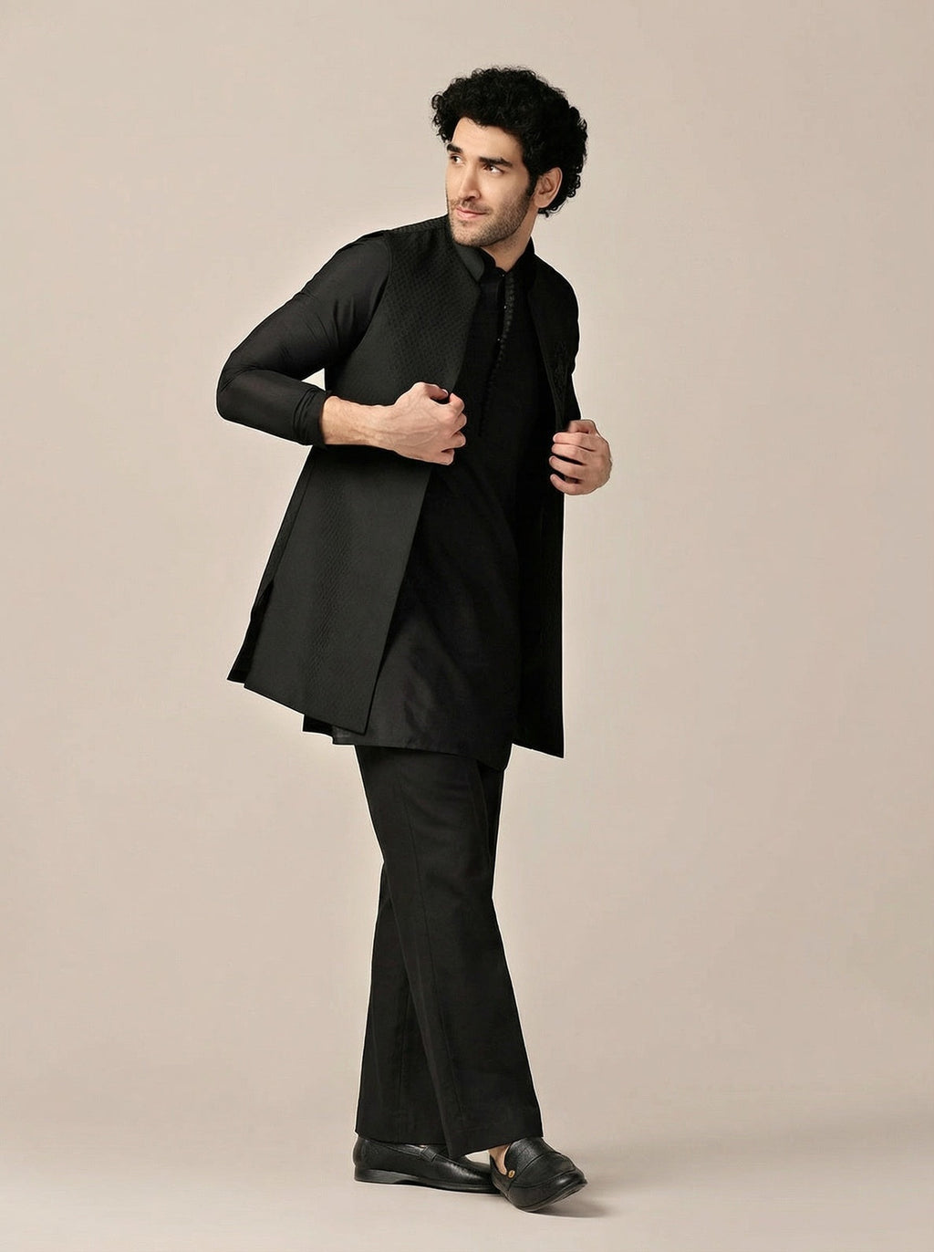 Black Silk Blend Jacquard Mid Kurta Front Open Jacket Wide Leg Trouser Set