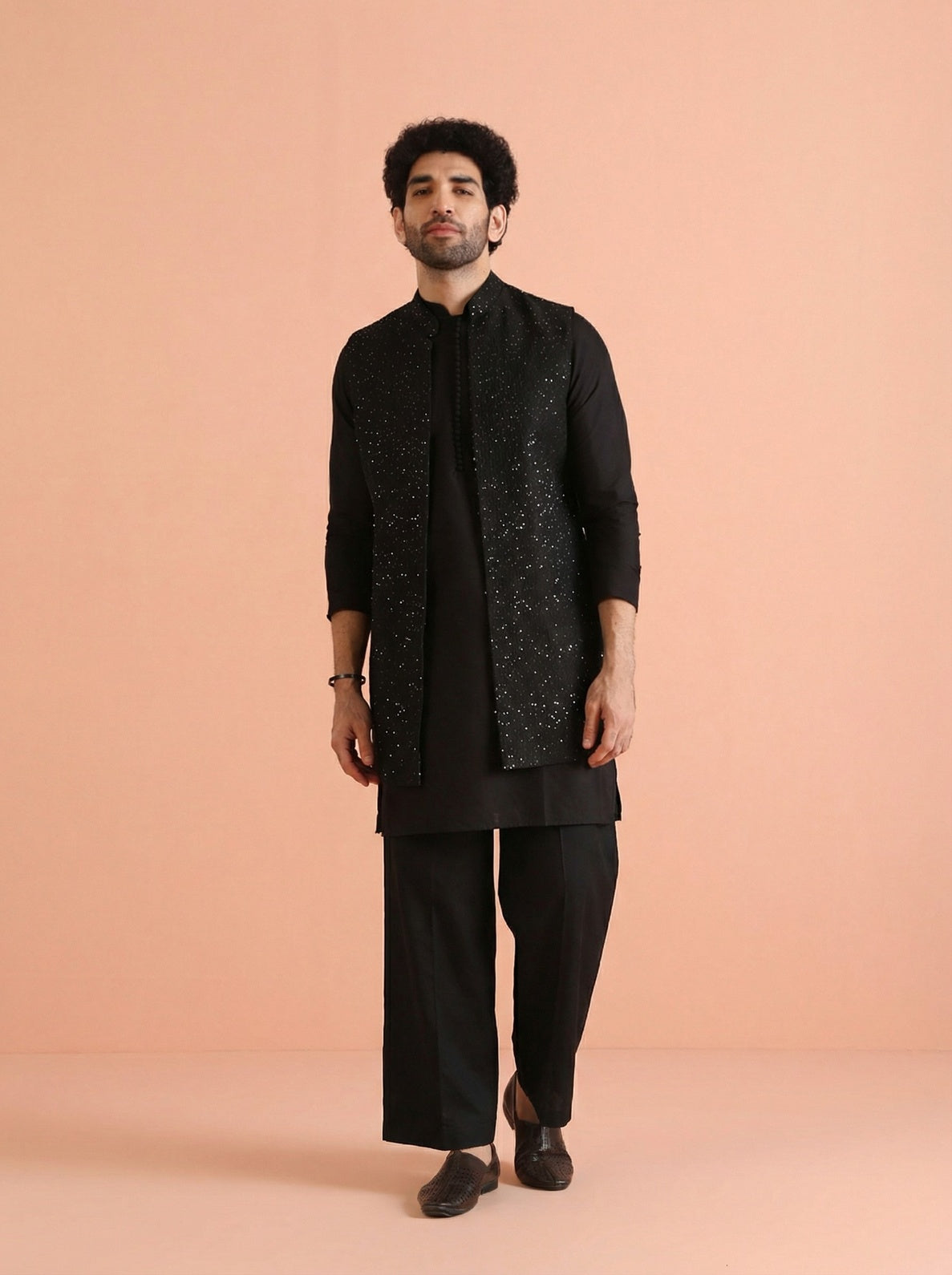 Black Blended Sequin Embellished Mid Kurta Front Open Jacket Wide Leg Trouser Set