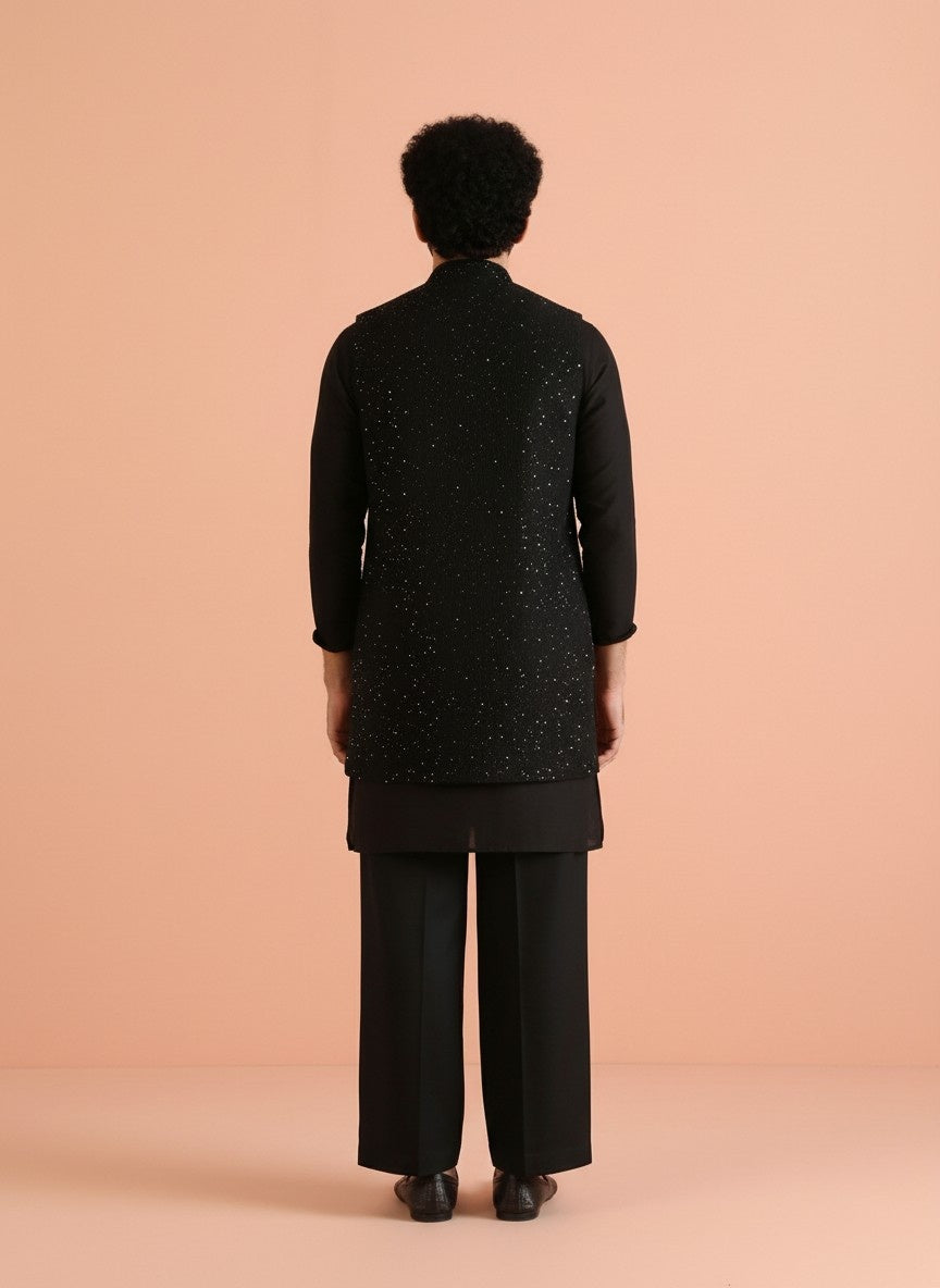 Black Blended Sequin Embellished Mid Kurta Front Open Jacket Wide Leg Trouser Set