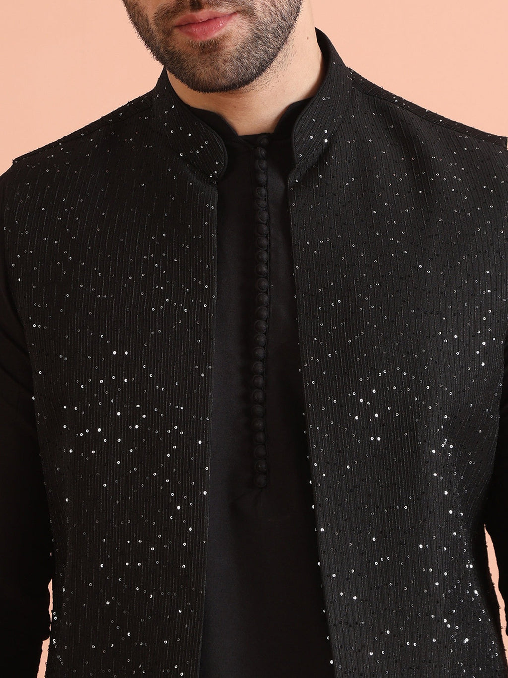 Black Blended Sequin Embellished Mid Kurta Front Open Jacket Wide Leg Trouser Set