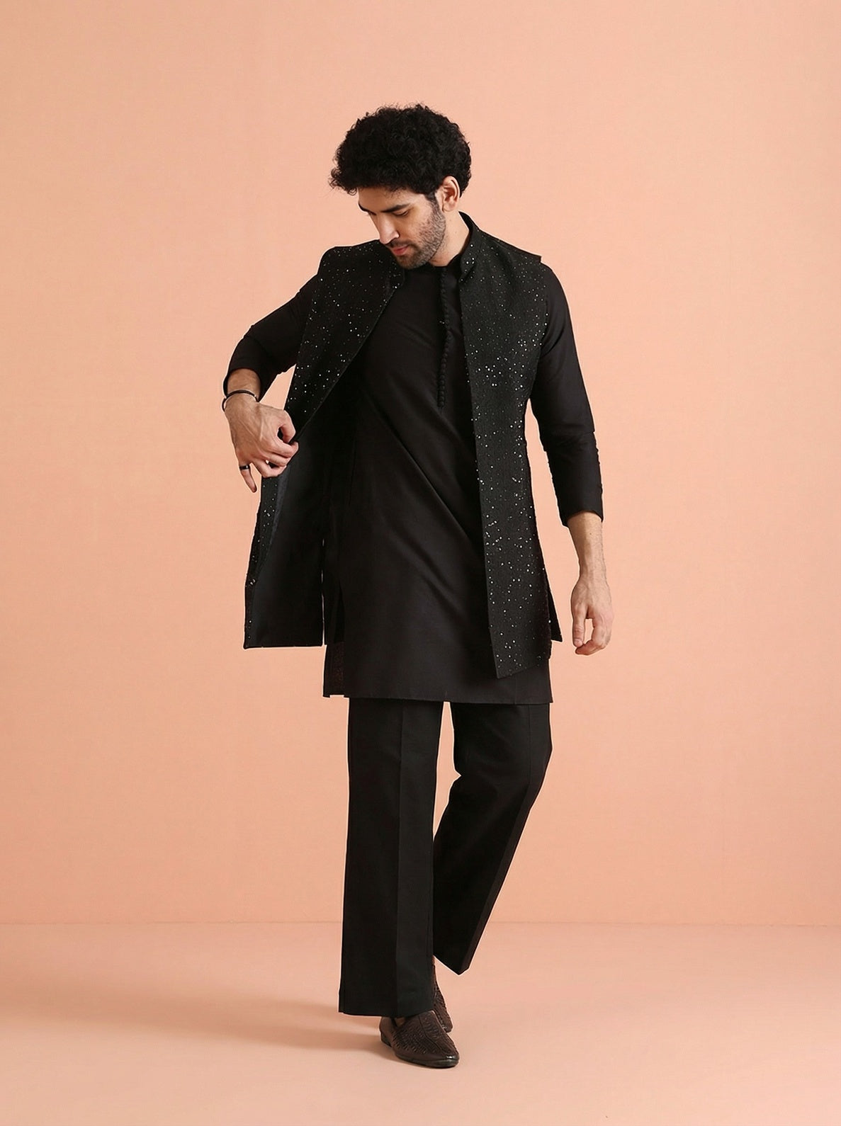 Black Blended Sequin Embellished Mid Kurta Front Open Jacket Wide Leg Trouser Set