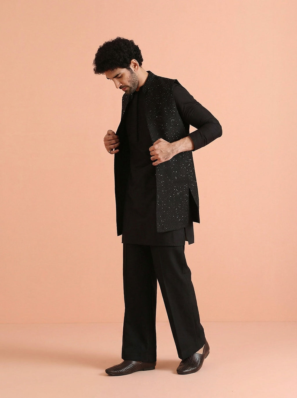 Black Blended Sequin Embellished Mid Kurta Front Open Jacket Wide Leg Trouser Set