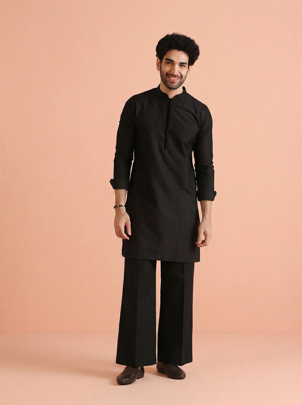 Black Blended Sequin Embellished Mid Kurta Front Open Jacket Wide Leg Trouser Set