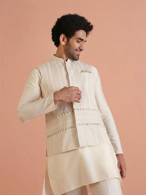 Beige Cotton Blend Embroidered Mid Kurta Jacket Wide Leg Trouser Set