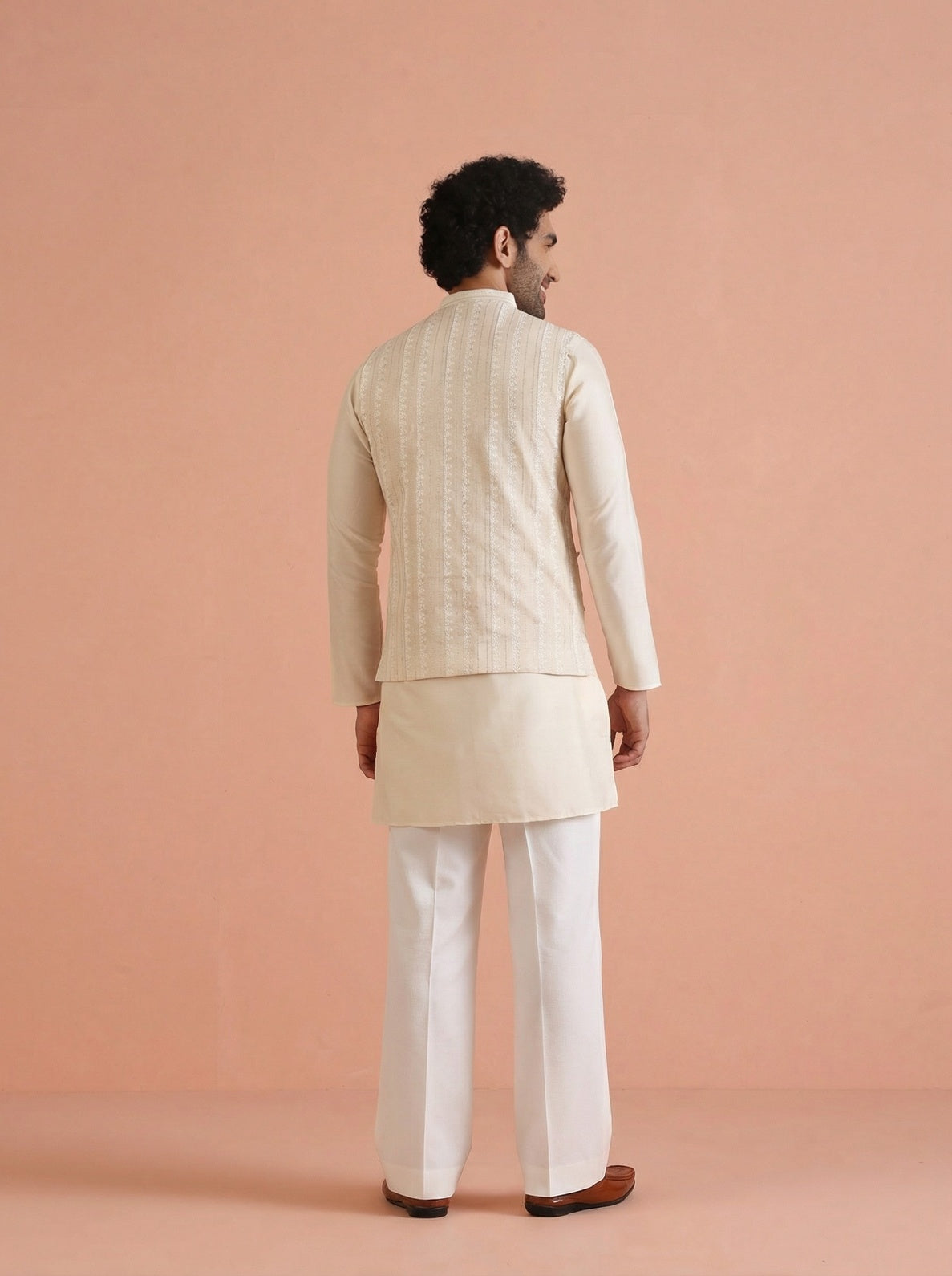 Beige Cotton Blend Embroidered Mid Kurta Jacket Wide Leg Trouser Set