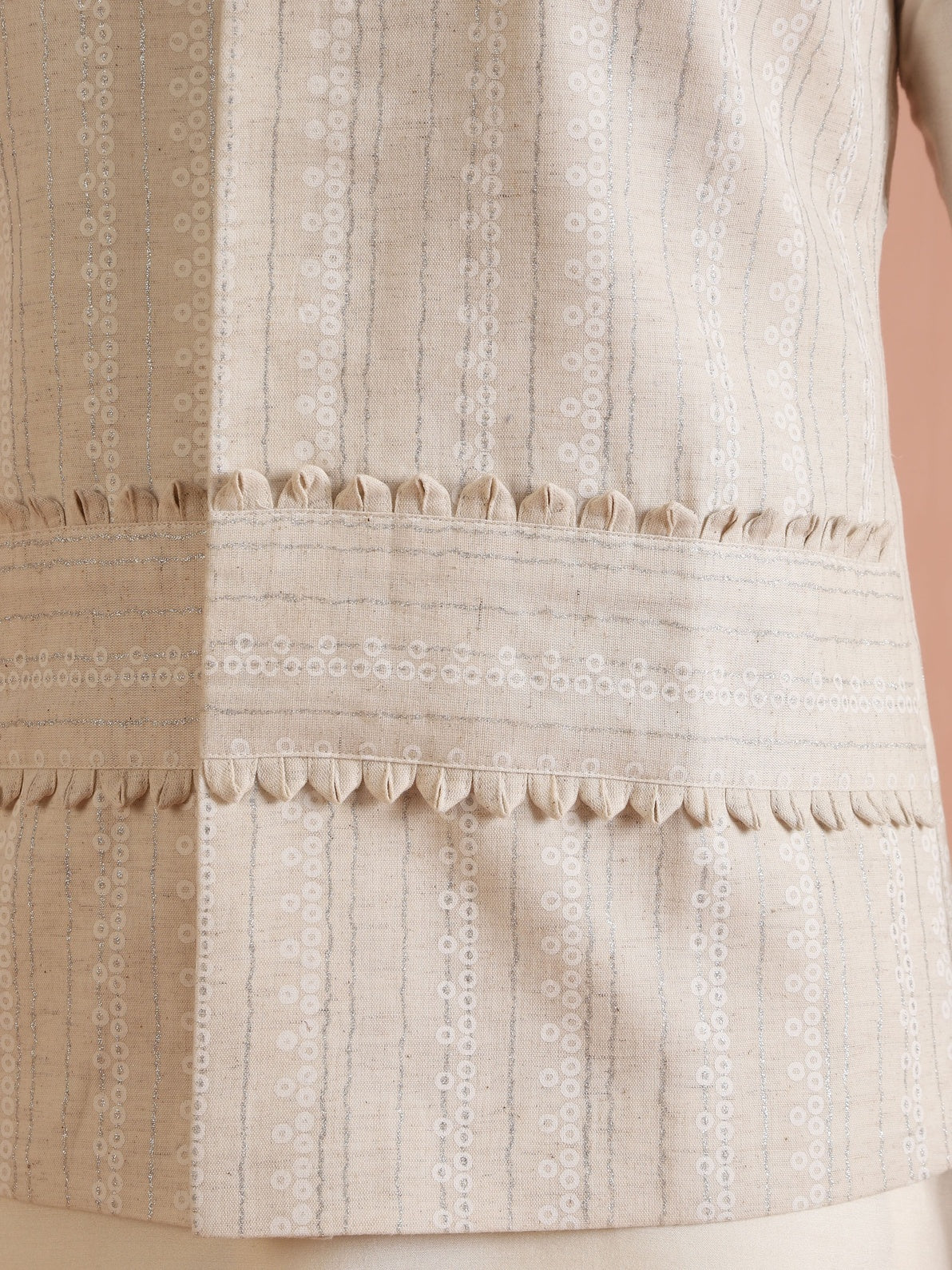 Beige Cotton Blend Embroidered Mid Kurta Jacket Wide Leg Trouser Set
