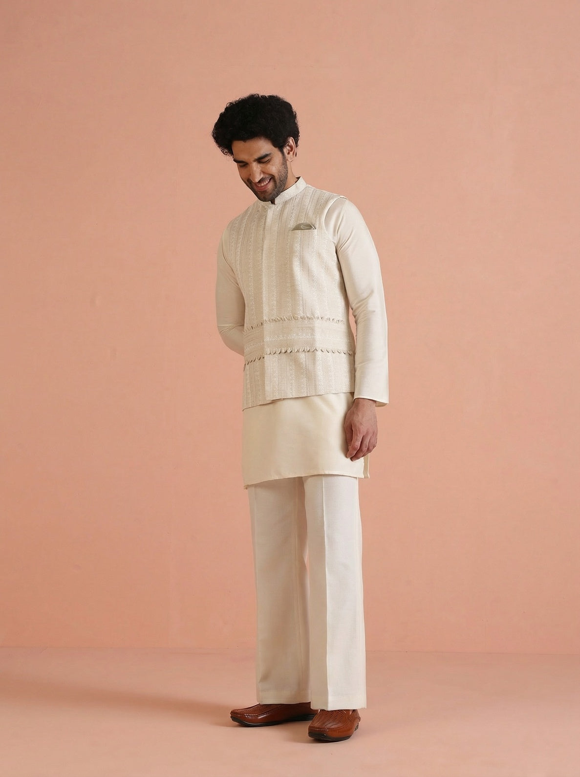 Beige Cotton Blend Embroidered Mid Kurta Jacket Wide Leg Trouser Set