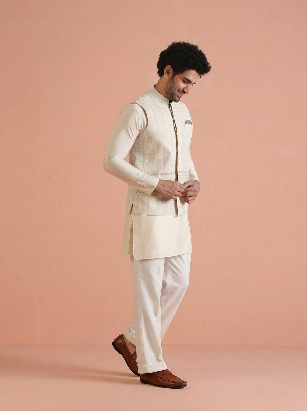 Beige Cotton Blend Embroidered Mid Kurta Jacket Wide Leg Trouser Set