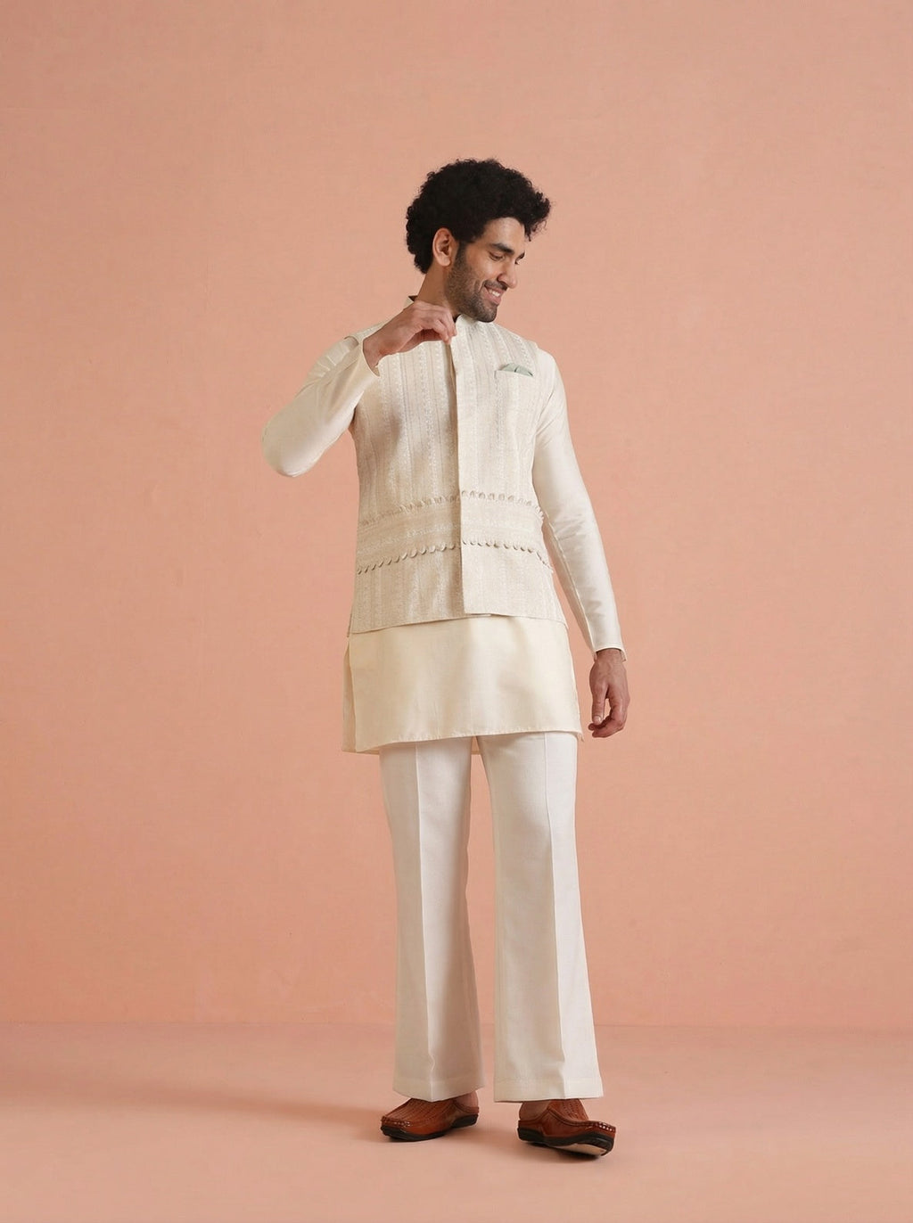Beige Cotton Blend Embroidered Mid Kurta Jacket Wide Leg Trouser Set