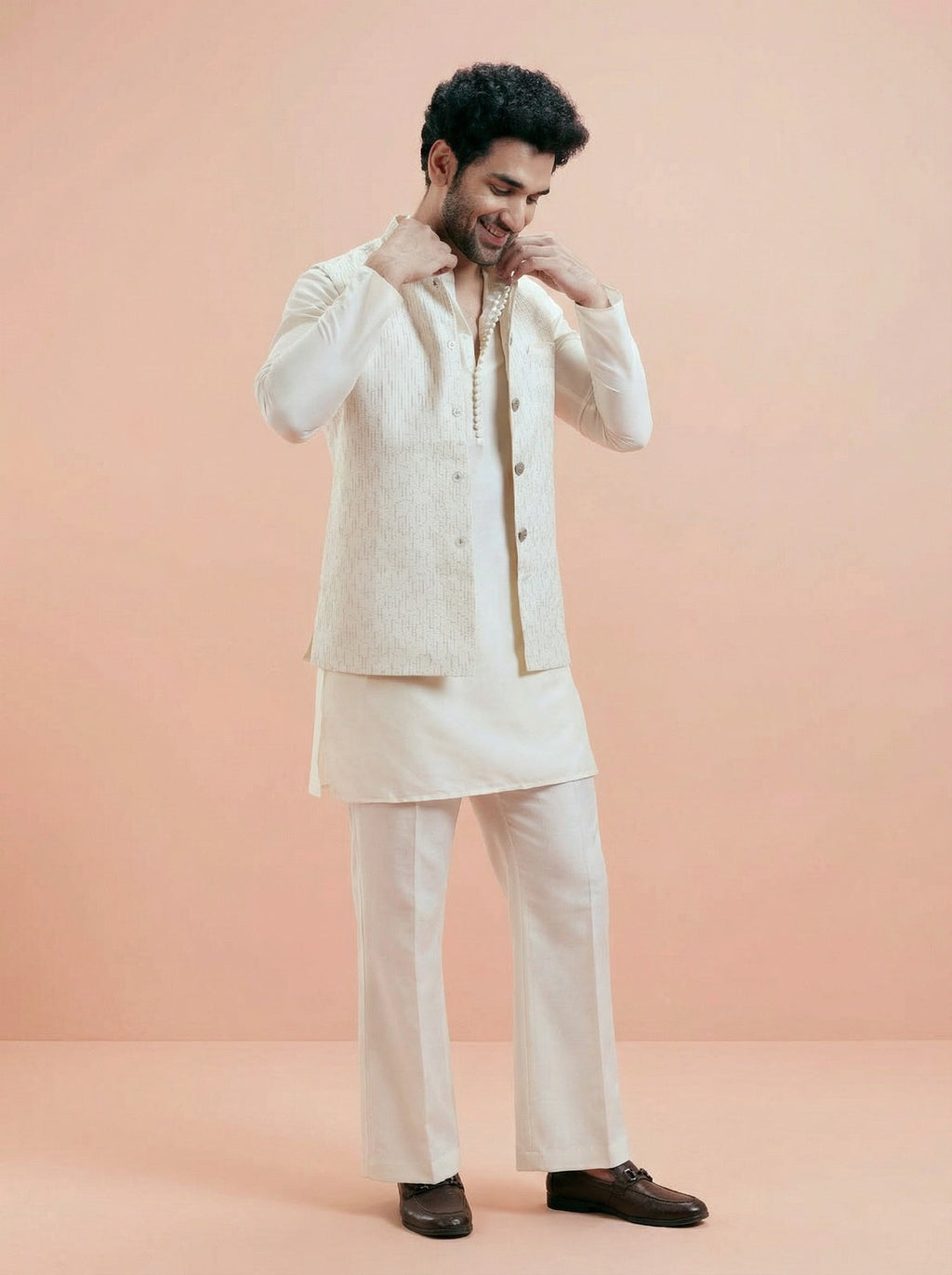 Cream Cotton Silk Textured Mid Kurta Jacket Wide Leg Trouser Set