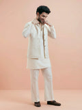 Cream Cotton Silk Textured Mid Kurta Jacket Wide Leg Trouser Set