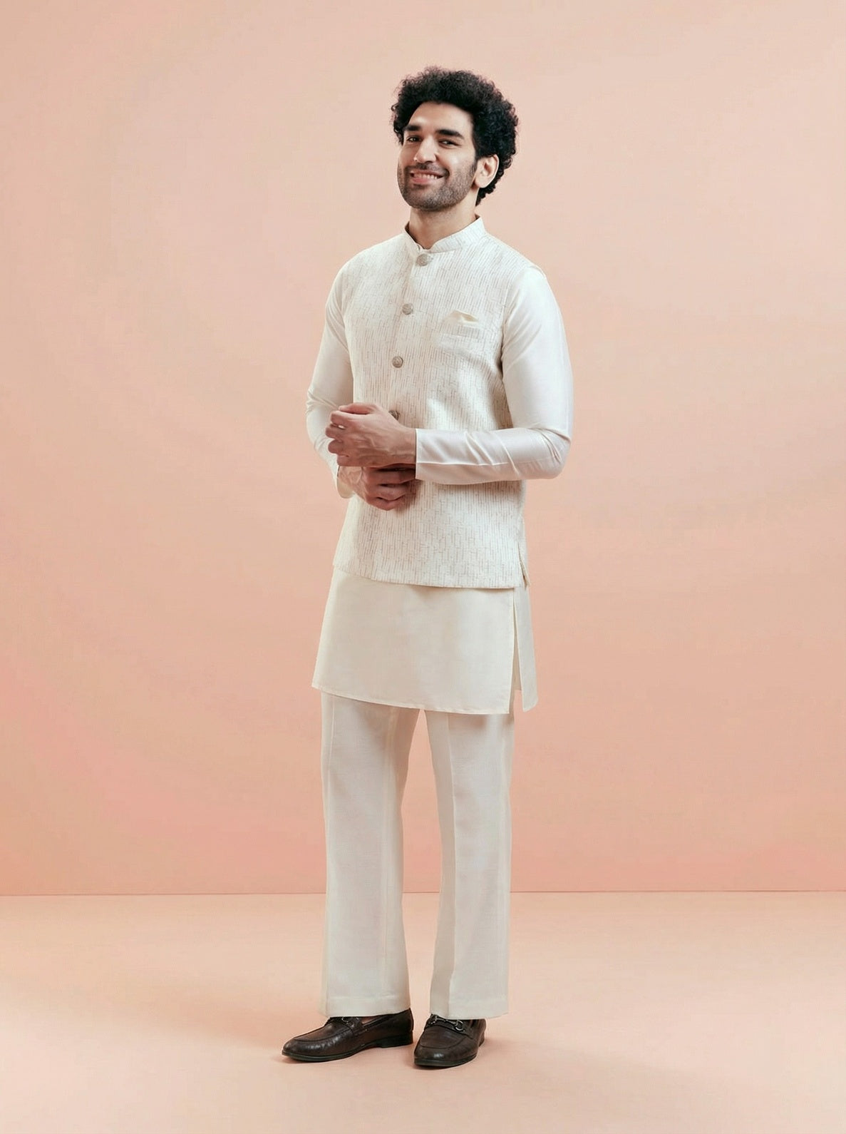 Cream Cotton Silk Textured Mid Kurta Jacket Wide Leg Trouser Set