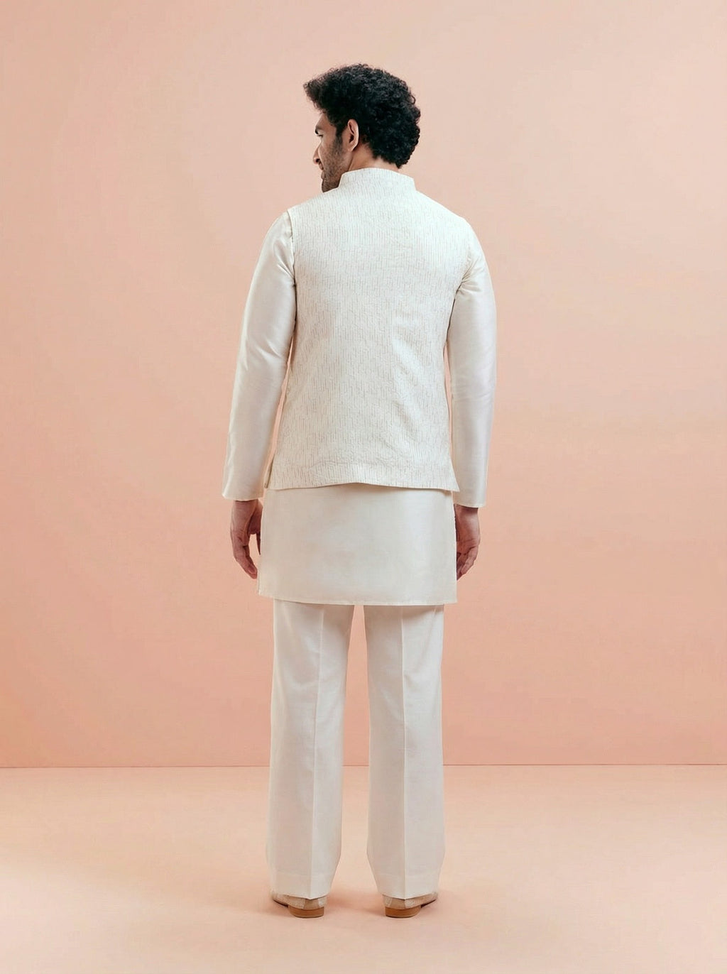 Cream Cotton Silk Textured Mid Kurta Jacket Wide Leg Trouser Set