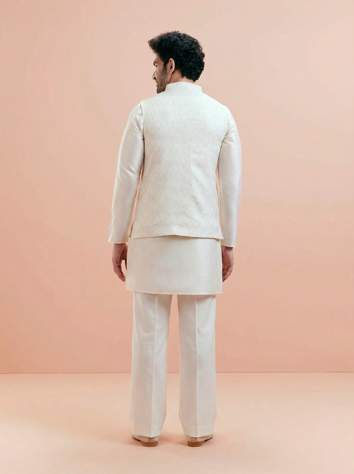 Cream Cotton Silk Textured Mid Kurta Jacket Wide Leg Trouser Set