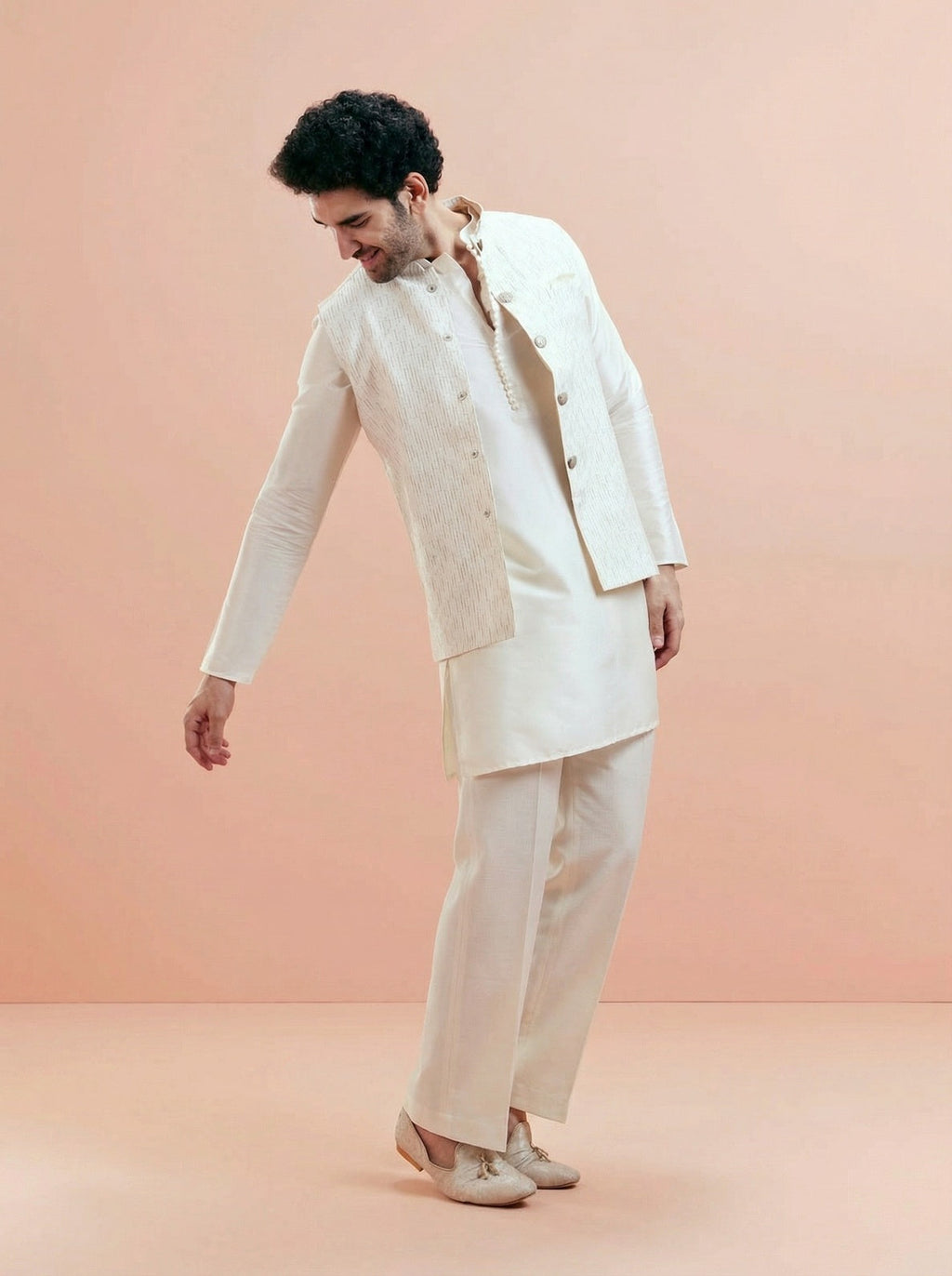 Cream Cotton Silk Textured Mid Kurta Jacket Wide Leg Trouser Set