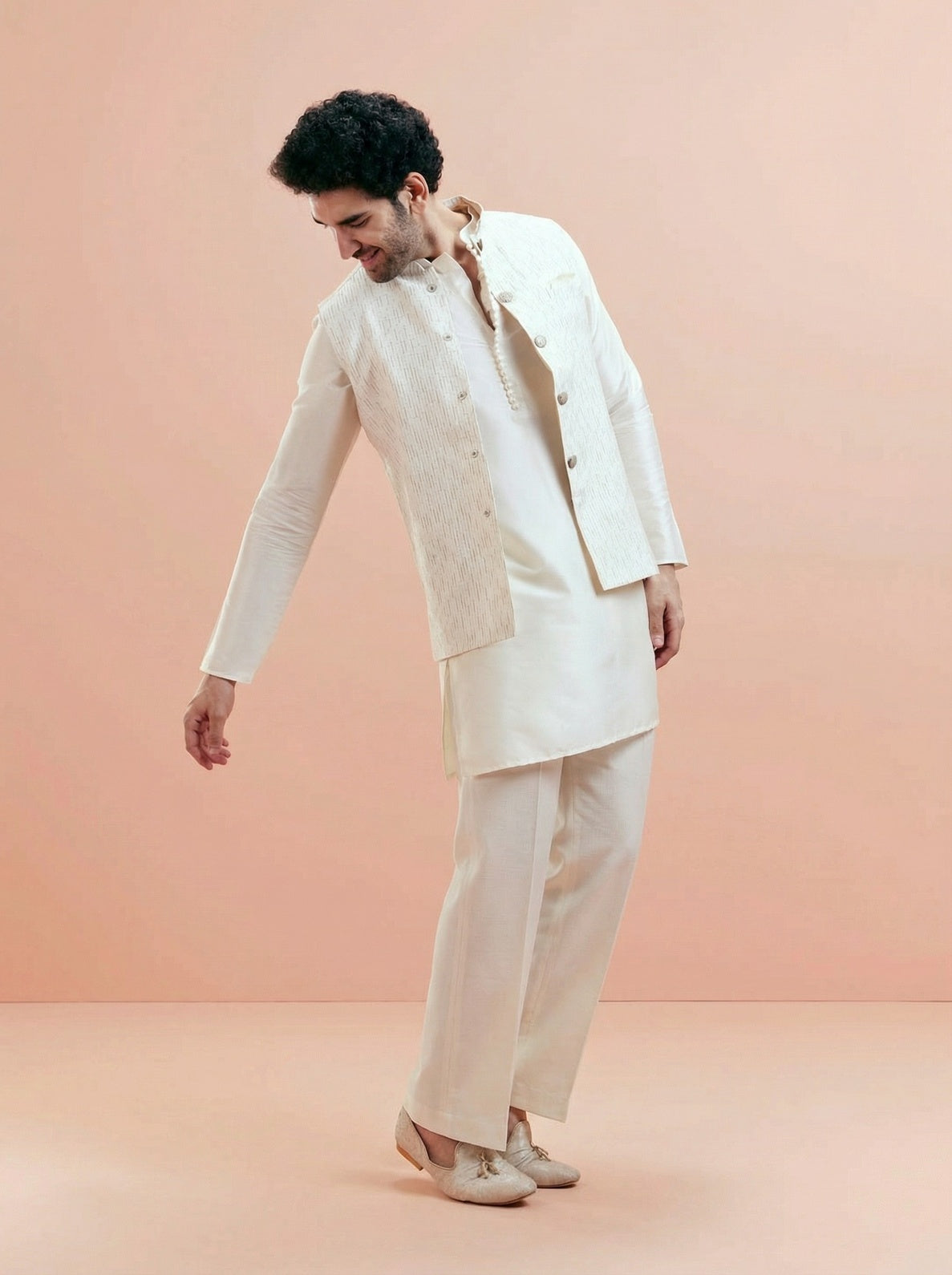 Cream Cotton Silk Textured Mid Kurta Jacket Wide Leg Trouser Set