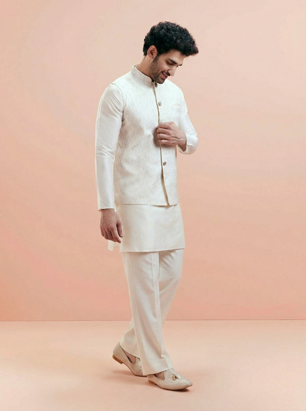 Cream Cotton Silk Textured Mid Kurta Jacket Wide Leg Trouser Set