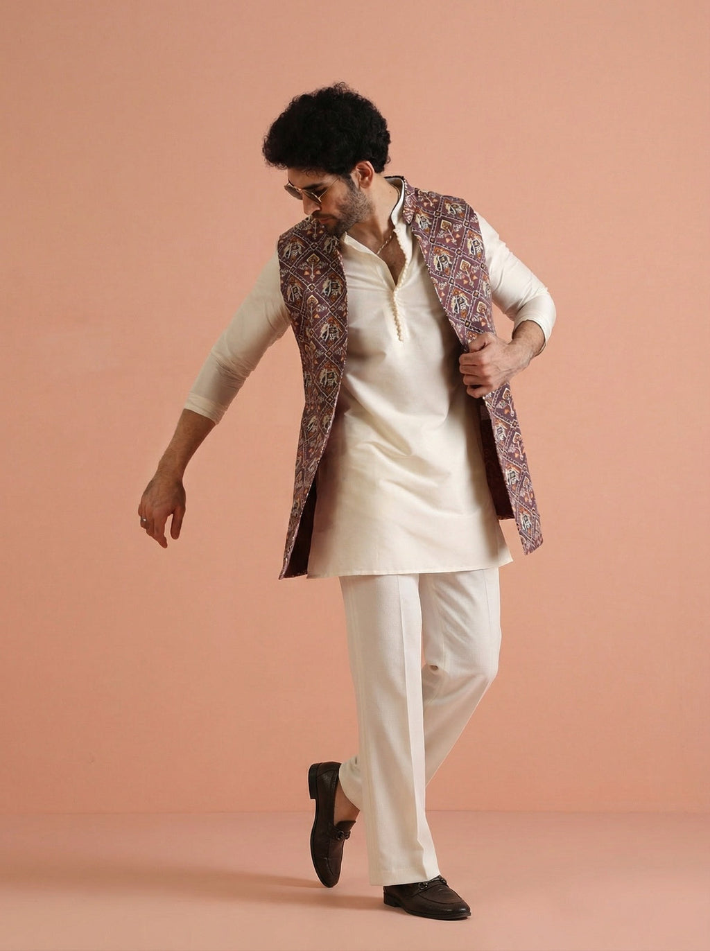 Purple Cotton Blend Printed Mid Kurta Front Open Jacket Wide Leg Trouser Set