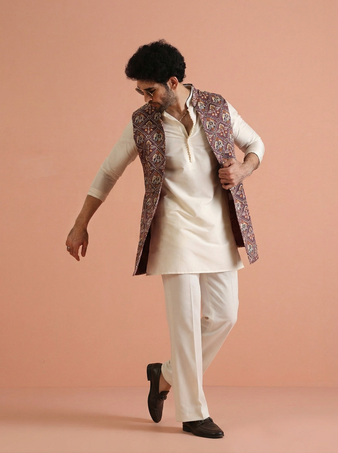 Purple Cotton Blend Printed Mid Kurta Front Open Jacket Wide Leg Trouser Set