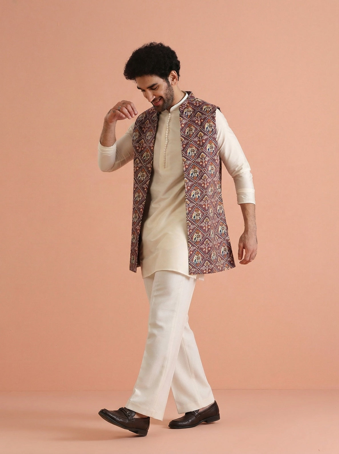 Purple Cotton Blend Printed Mid Kurta Front Open Jacket Wide Leg Trouser Set