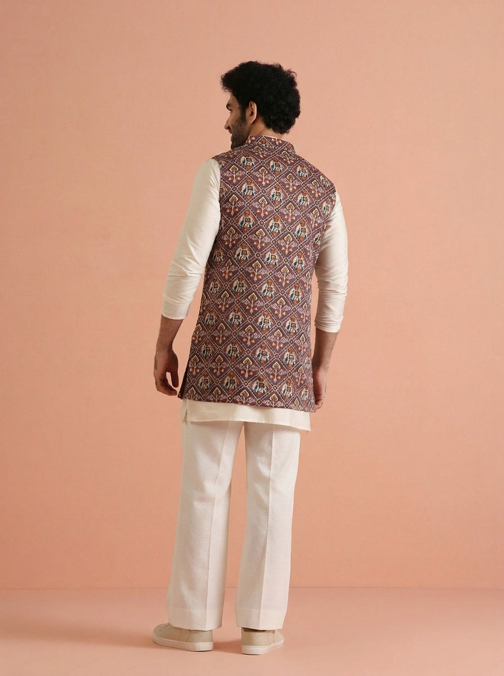 Purple Cotton Blend Printed Mid Kurta Front Open Jacket Wide Leg Trouser Set