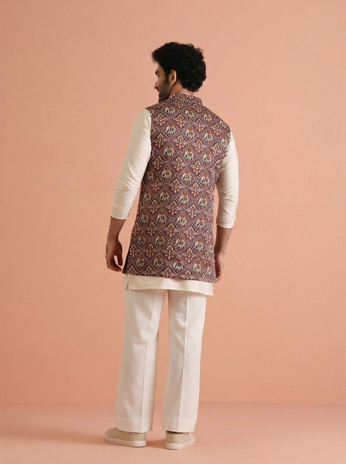 Purple Cotton Blend Printed Mid Kurta Front Open Jacket Wide Leg Trouser Set