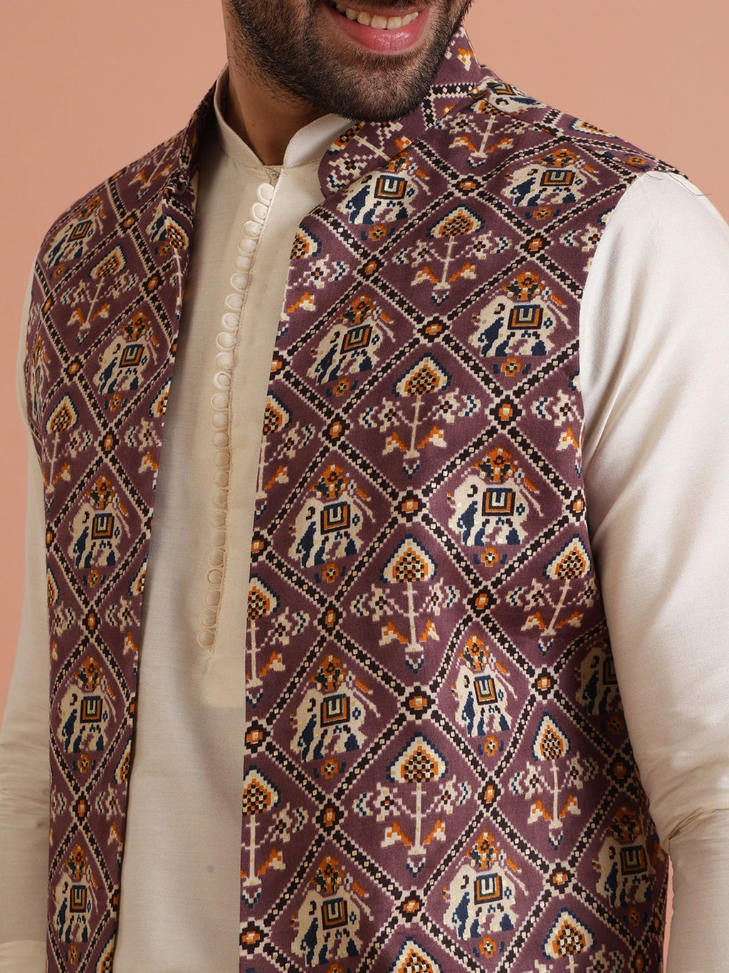 Purple Cotton Blend Printed Mid Kurta Front Open Jacket Wide Leg Trouser Set