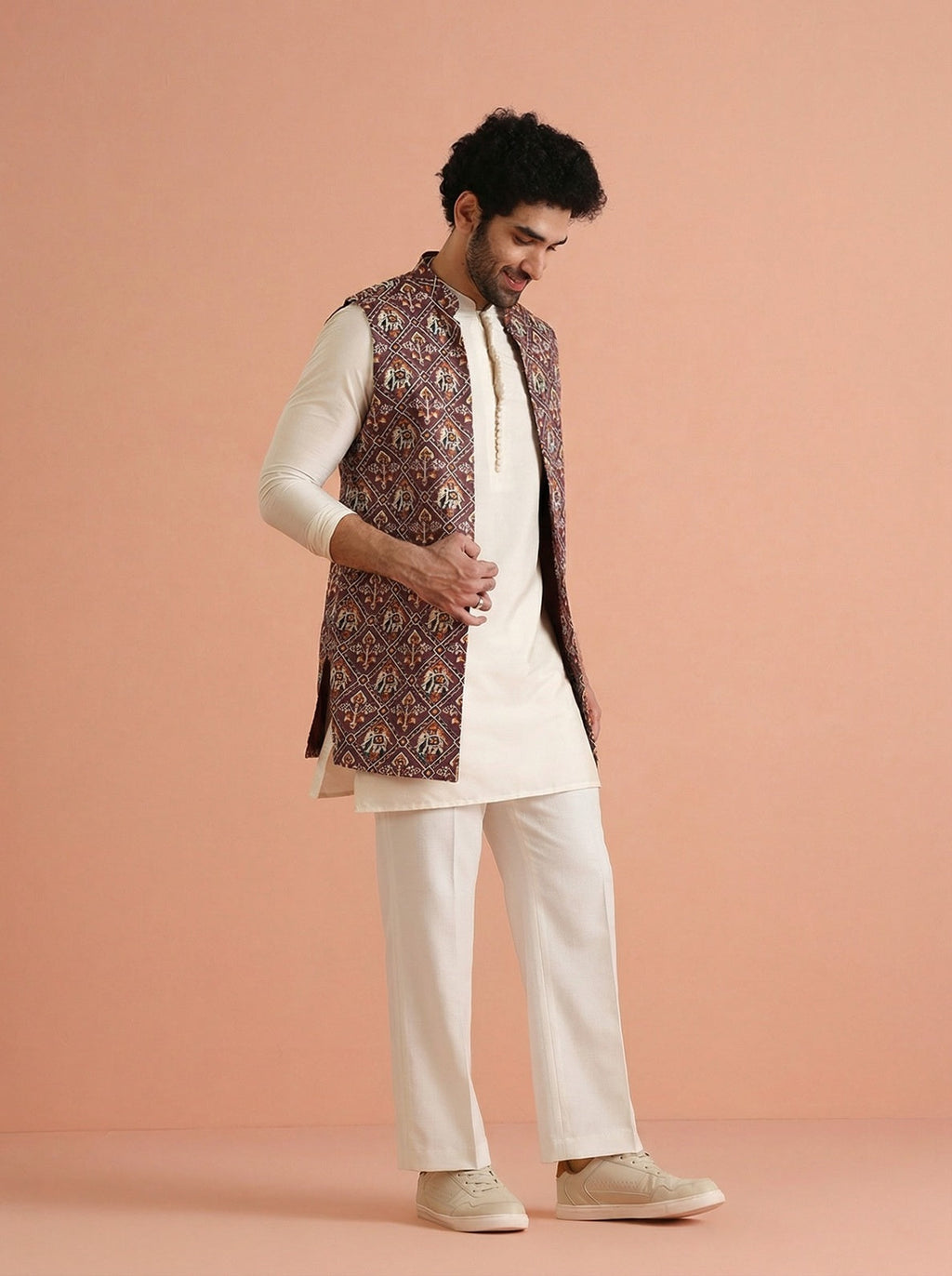 Purple Cotton Blend Printed Mid Kurta Front Open Jacket Wide Leg Trouser Set