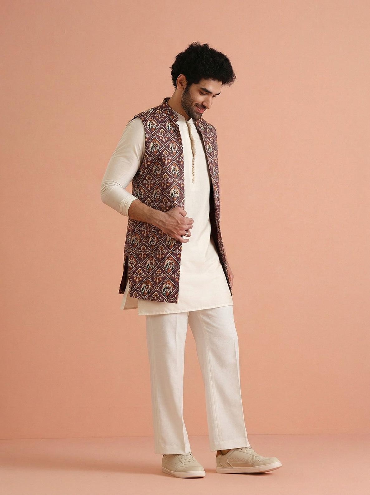 Purple Cotton Blend Printed Mid Kurta Front Open Jacket Wide Leg Trouser Set