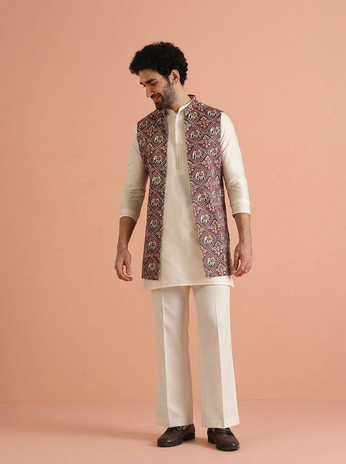 Purple Cotton Blend Printed Mid Kurta Front Open Jacket Wide Leg Trouser Set