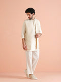 Off White Silk Blend Jacquard Mid Kurta Front Open Jacket Wide Leg Trouser Set