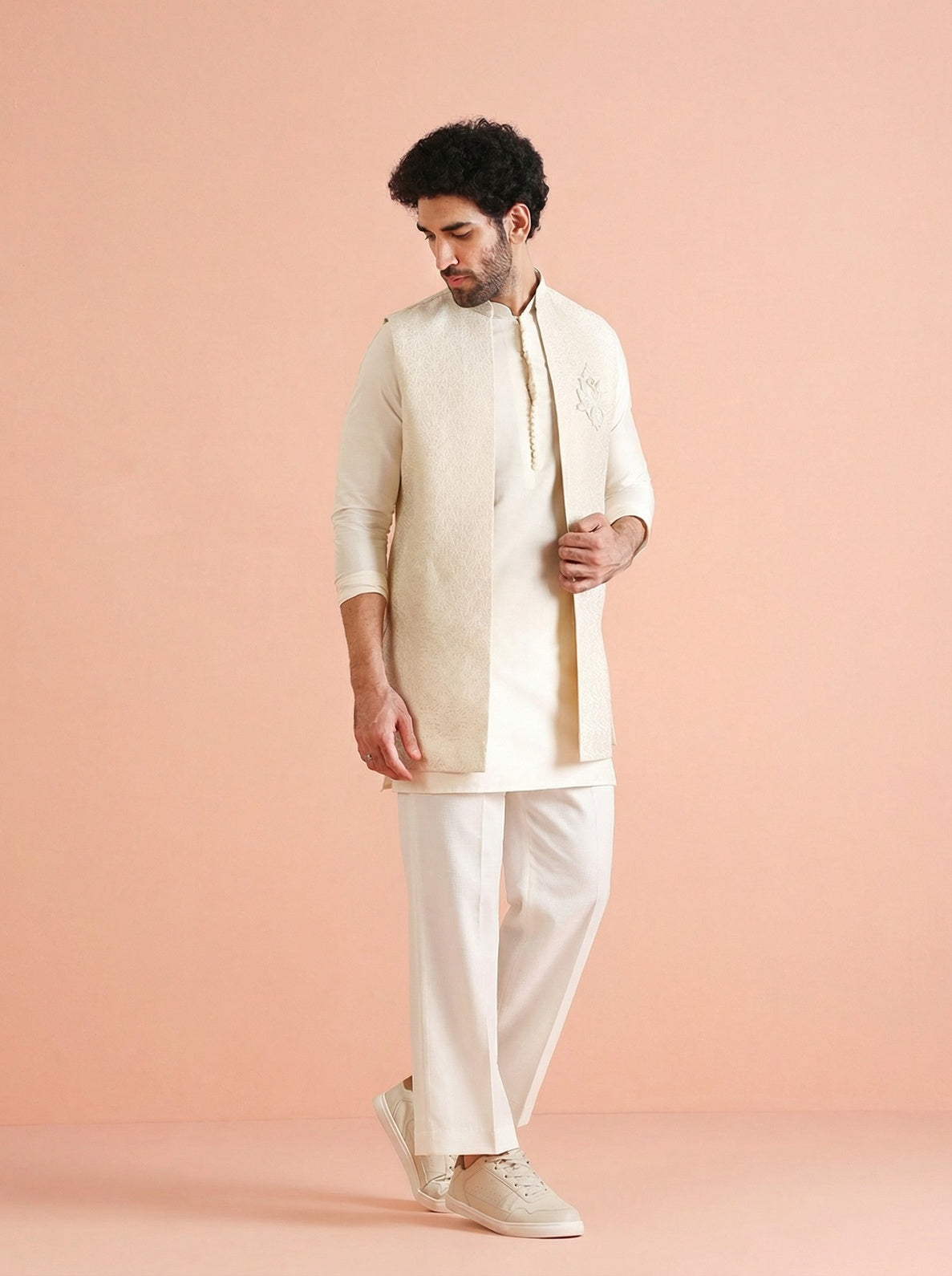 Off White Silk Blend Jacquard Mid Kurta Front Open Jacket Wide Leg Trouser Set