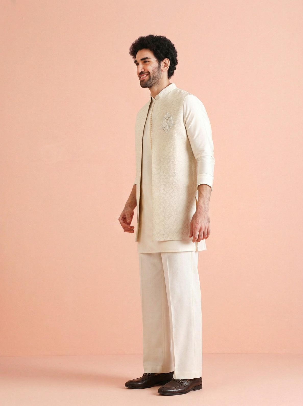Off White Silk Blend Jacquard Mid Kurta Front Open Jacket Wide Leg Trouser Set