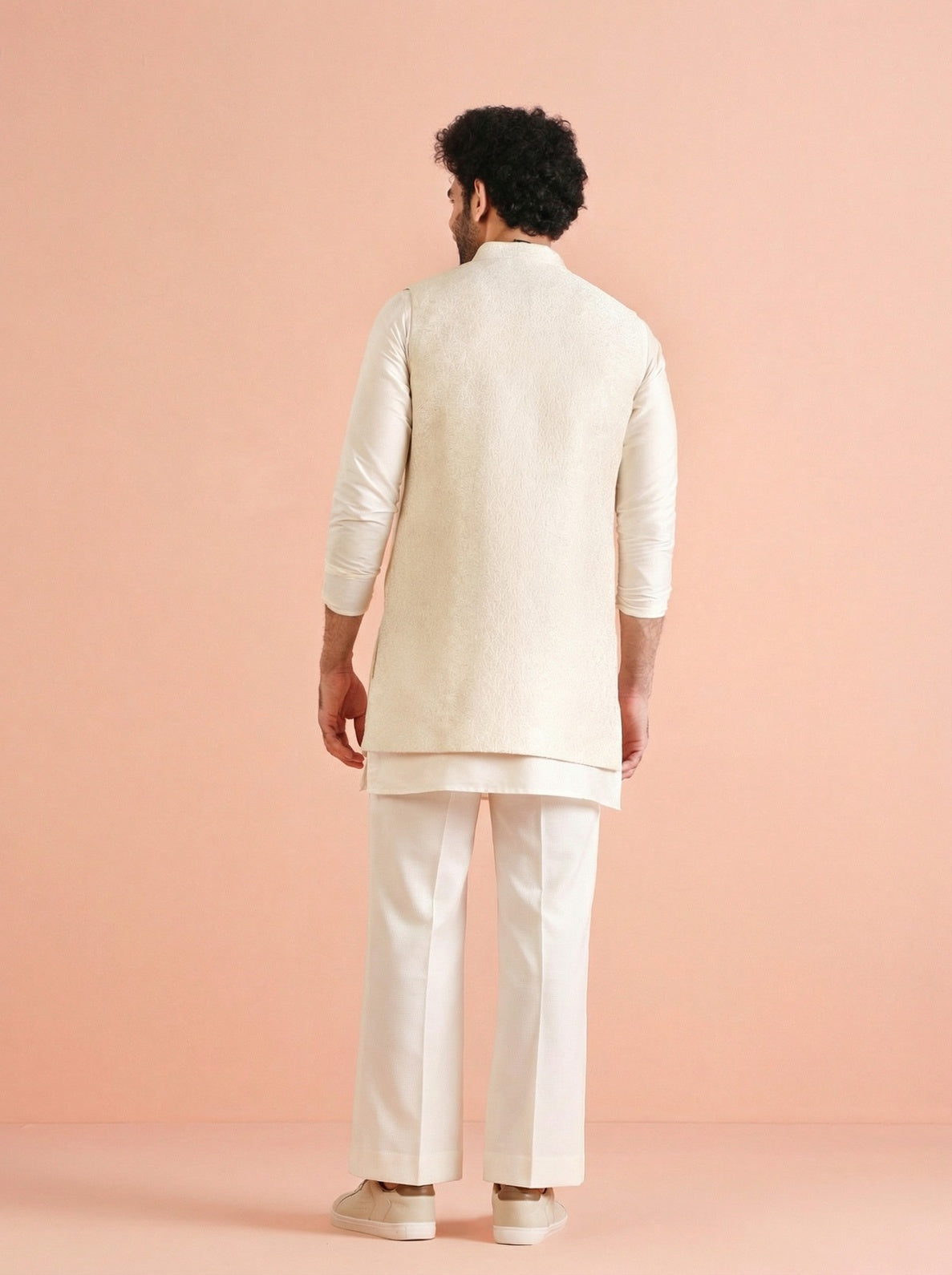 Off White Silk Blend Jacquard Mid Kurta Front Open Jacket Wide Leg Trouser Set