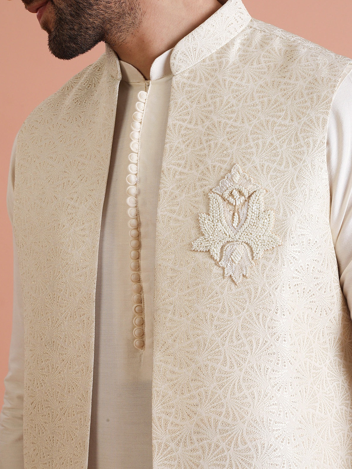 Off White Silk Blend Jacquard Mid Kurta Front Open Jacket Wide Leg Trouser Set
