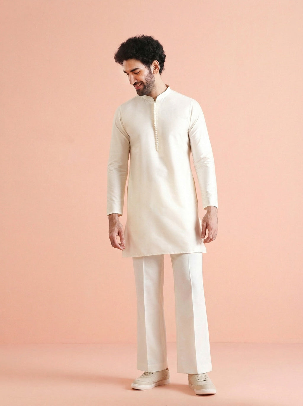 Off White Silk Blend Jacquard Mid Kurta Front Open Jacket Wide Leg Trouser Set